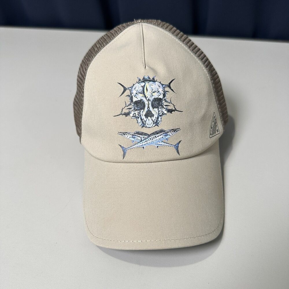 Columbia PFG Skull Crossbones Wahoo Fish Trucker Hat Khaki Mesh One Size